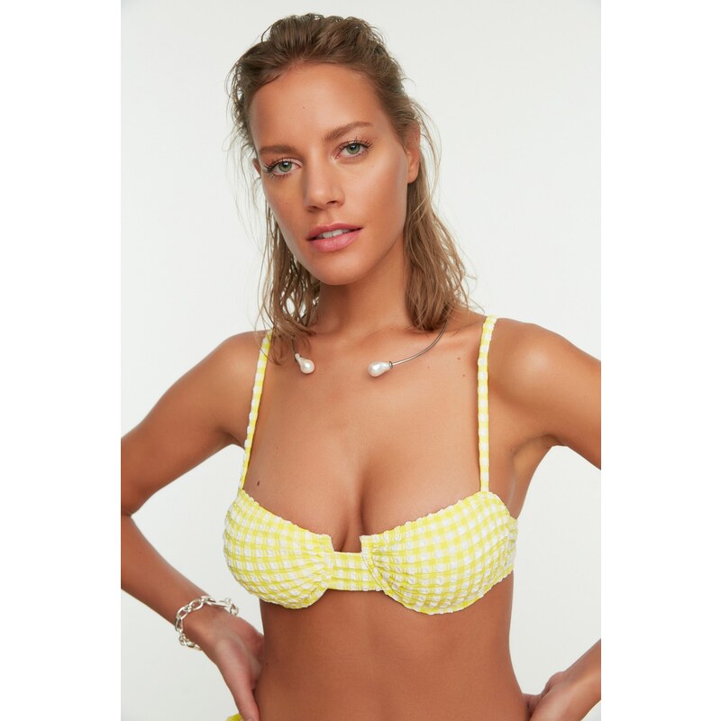 Trendyol Yellow Gingham Textured Balconette Bikini Top