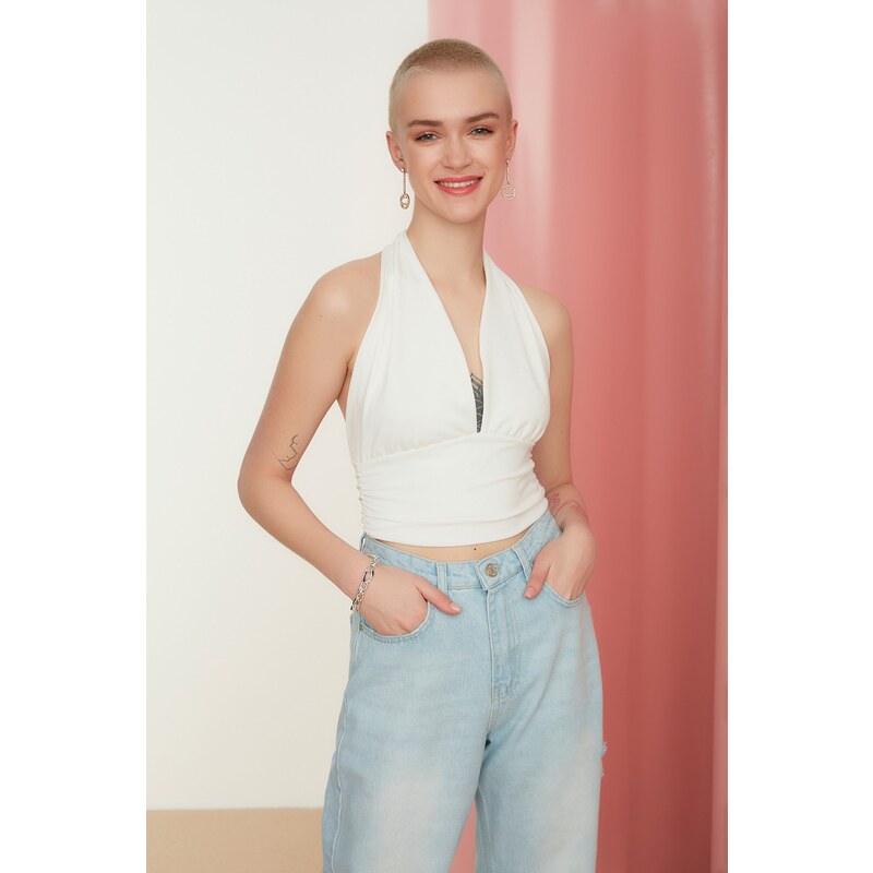 Trendyol Ecru Halterneck Knitted Blouse with Crop Fitted