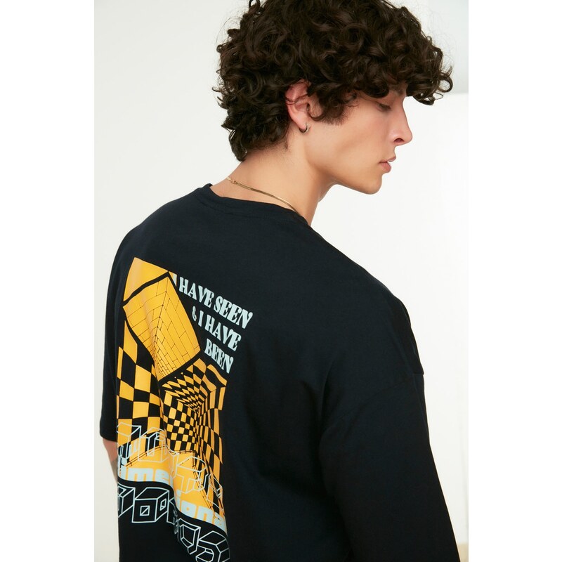 Trendyol Navy Blue Oversize/Wide Cut Geometric Printed 100% Cotton Short Sleeve T-Shirt