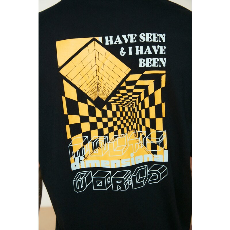 Trendyol Navy Blue Oversize/Wide Cut Geometric Printed 100% Cotton Short Sleeve T-Shirt