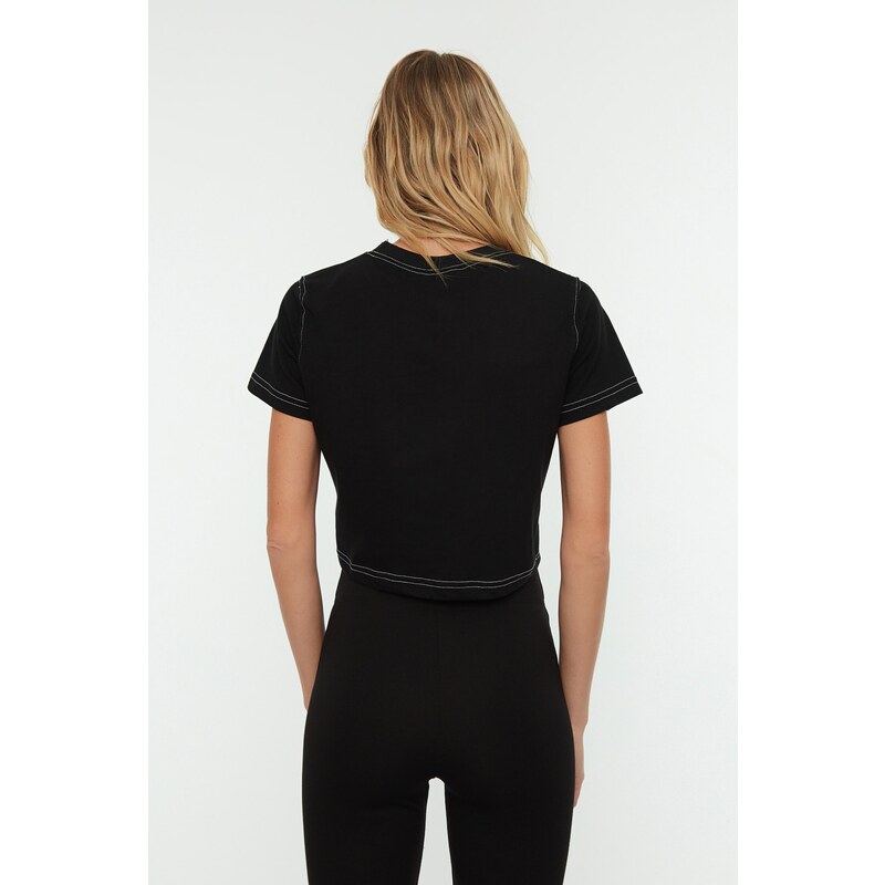 Trendyol Black Crop Crew Neck Knitted Sports T-Shirt