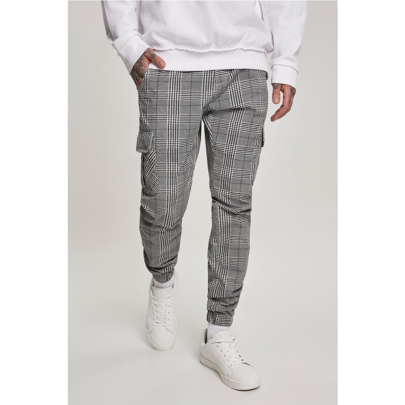 Urban Classics Kalhoty AOP Glencheck Cargo Jog bílo/černé