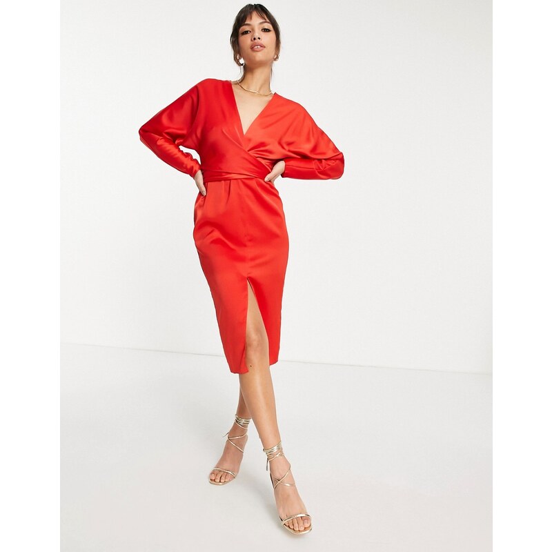 Asos design midi dress with batwing sleeve and wrap waist in satin hotsell