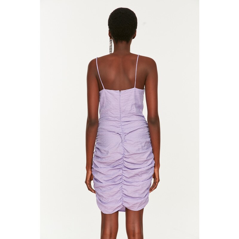Trendyol Lilac Shirred Kostice Detailní Tkané Večerní Šaty