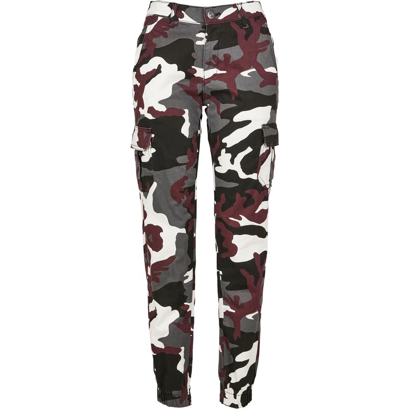 UC Ladies Dámské kalhoty Camo Cargo s vysokým pasem s vínovou maskou