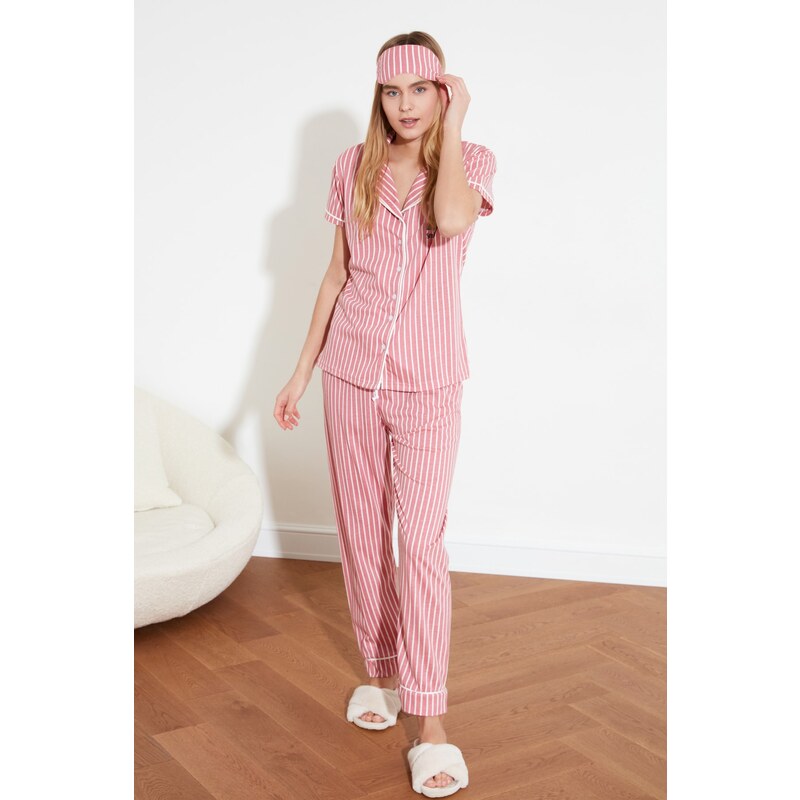 Trendyol Pink Cotton Striped Animal Printed Shirt-Pants Knitted Pajama Set