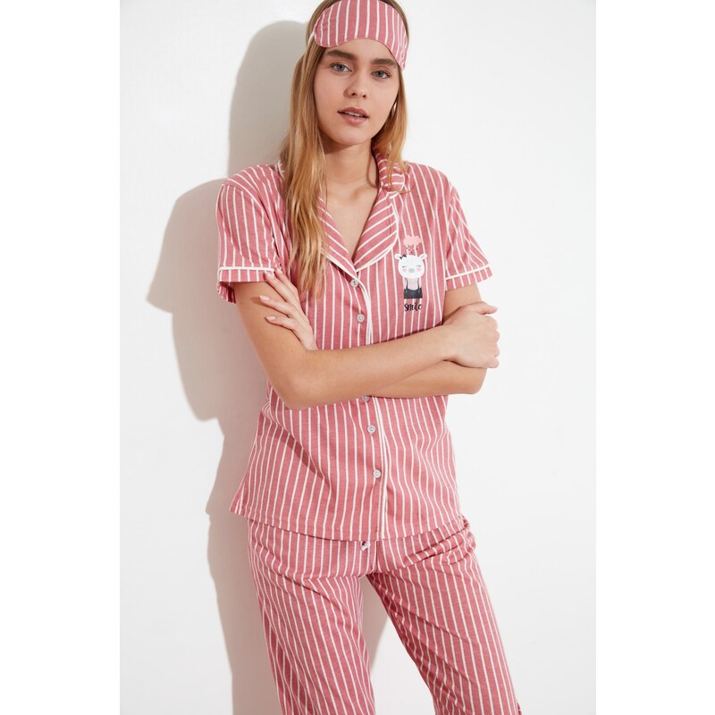 Trendyol Pink Cotton Striped Animal Printed Shirt-Pants Knitted Pajama Set