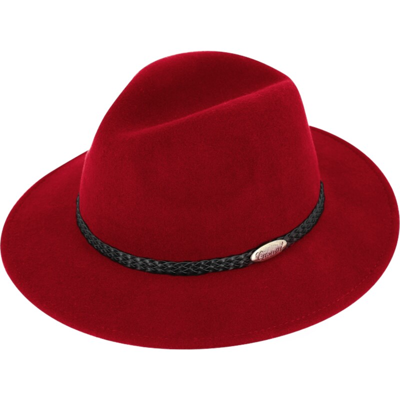 Červený klobouk fedora plstěný - červený s koženým pleteným páskem - Fiebig