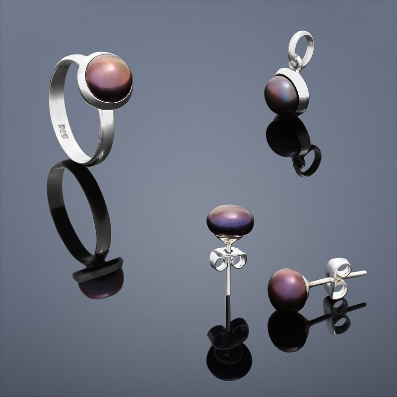 Buka Jewelry Buka Perlový Set Mutiara Tiga (náušnice, přívěsek a prsten) – fialová 844