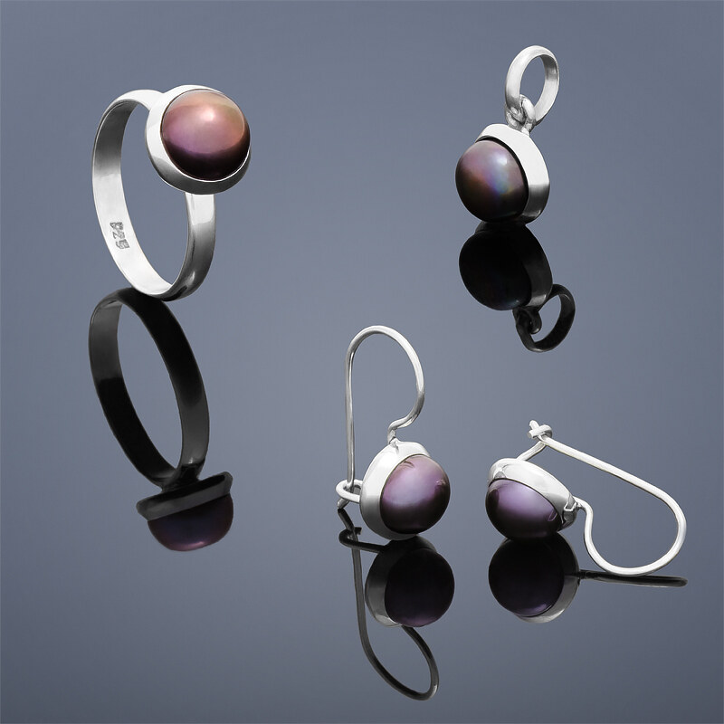 Buka Jewelry Perlová souprava Buka Buka Kecil (náušnice, přívěsek a prsten) – malé fialové perly 857