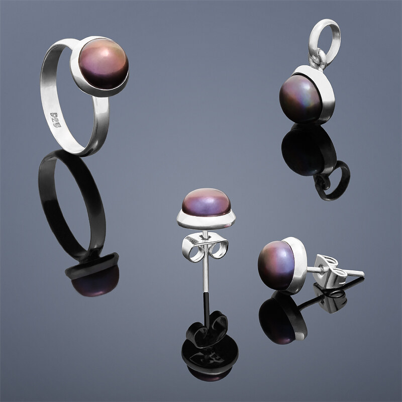 Buka Jewelry Perlová souprava Buka Kecil P (vpichovací náušnice, přívěsek a prsten) – malé fialové perly 821