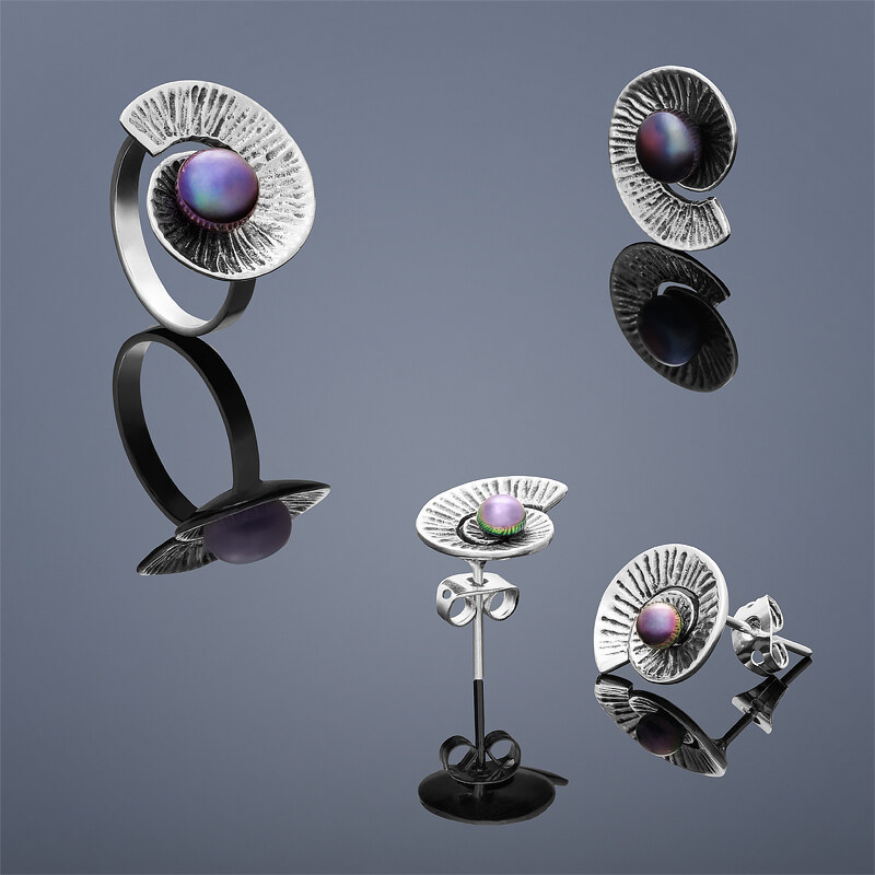 Buka Jewelry Buka perlový set Nautilus (náušnice, přívěsek a prsten) – fialová 866