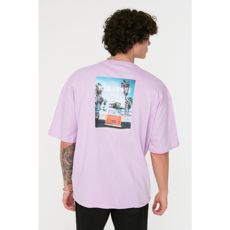 Trendyol Lilac Oversize/Wide Cut Crew Neck Short Sleeve Photo Printed 100% Cotton T-Shirt