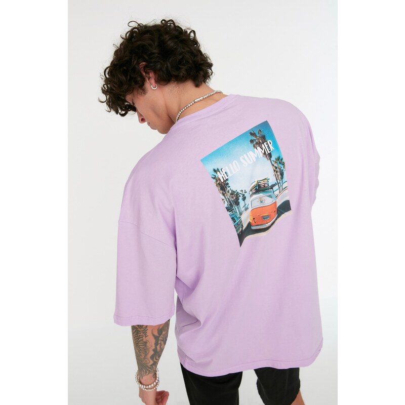 Trendyol Lilac Oversize/Wide Cut Crew Neck Short Sleeve Photo Printed 100% Cotton T-Shirt