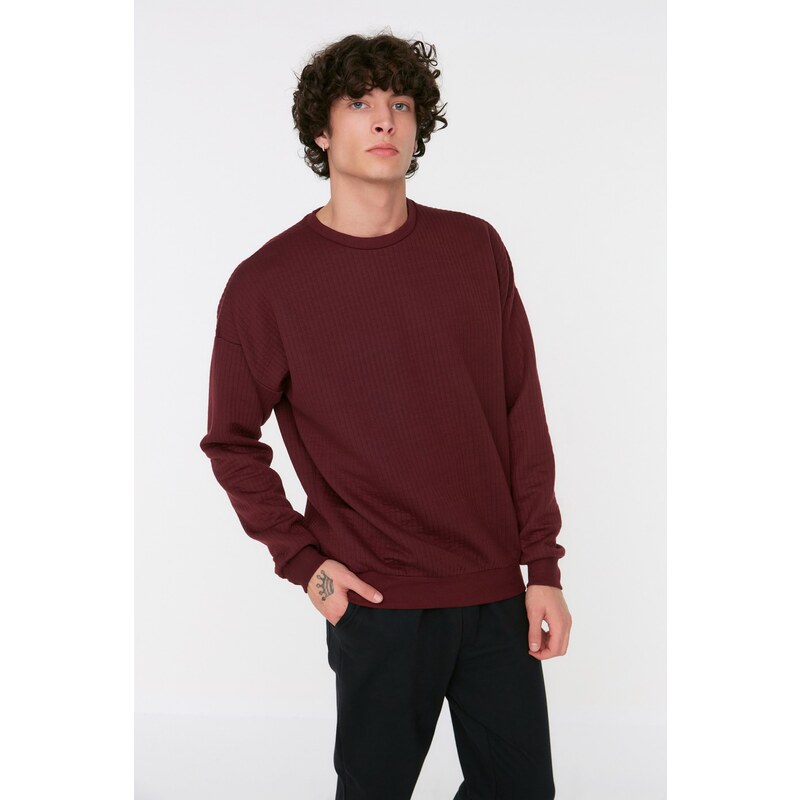 Trendyol Claret Red Oversize/Wide Cut Long Sleeve Crew Neck Textured Sweatshirt