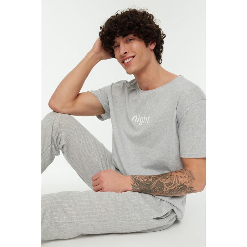 Trendyol Gray Men's Printed Knitted Pajamas Set