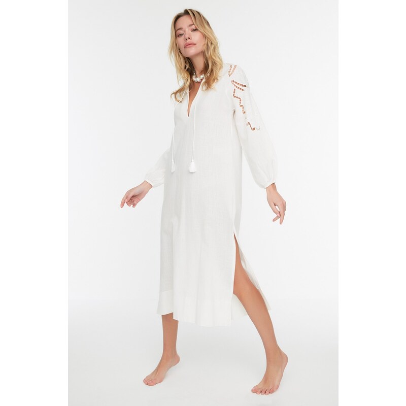 Trendyol White Midi Woven Kimono&Caftan 100% Cotton with Tassels