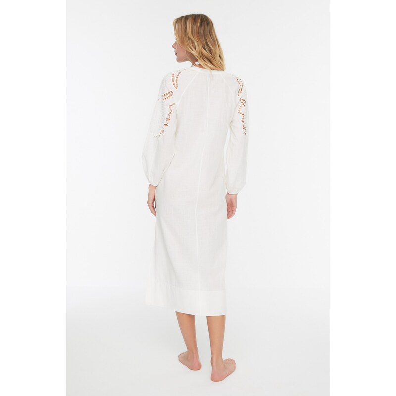 Trendyol White Midi Woven Kimono&Caftan 100% Cotton with Tassels