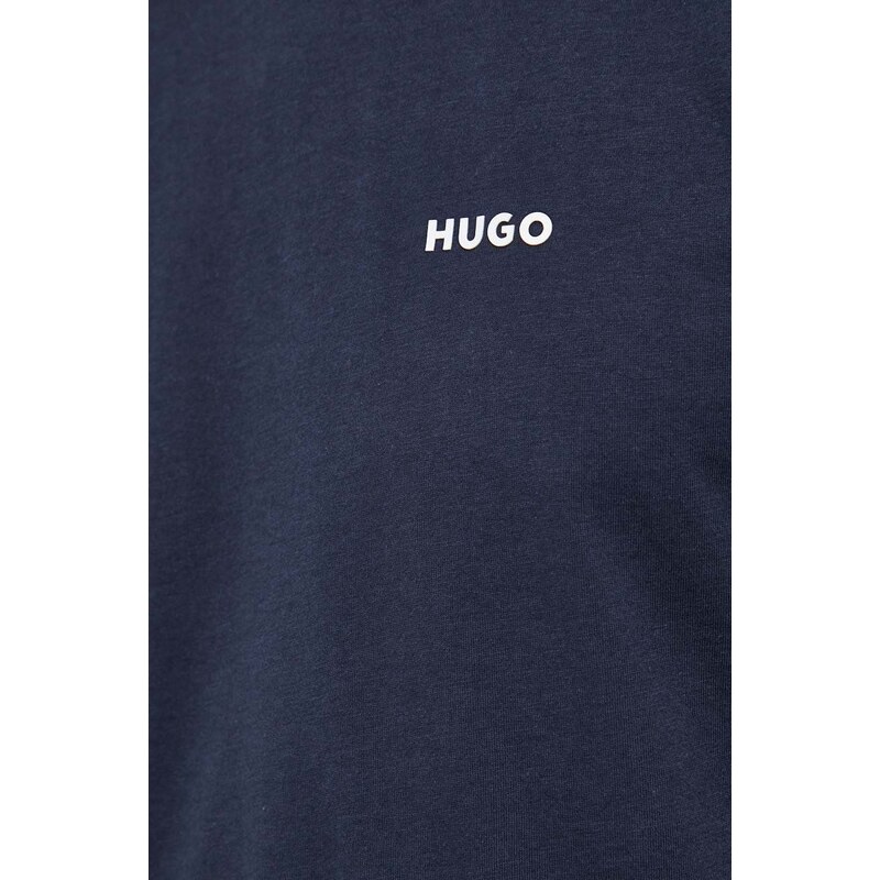 Bavlněné tričko s dlouhým rukávem HUGO tmavomodrá barva, s potiskem