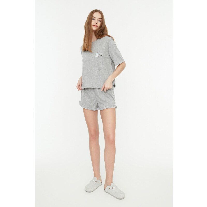 Trendyol Gray Cotton Printed T-shirt-Shorts Knitted Pajama Set