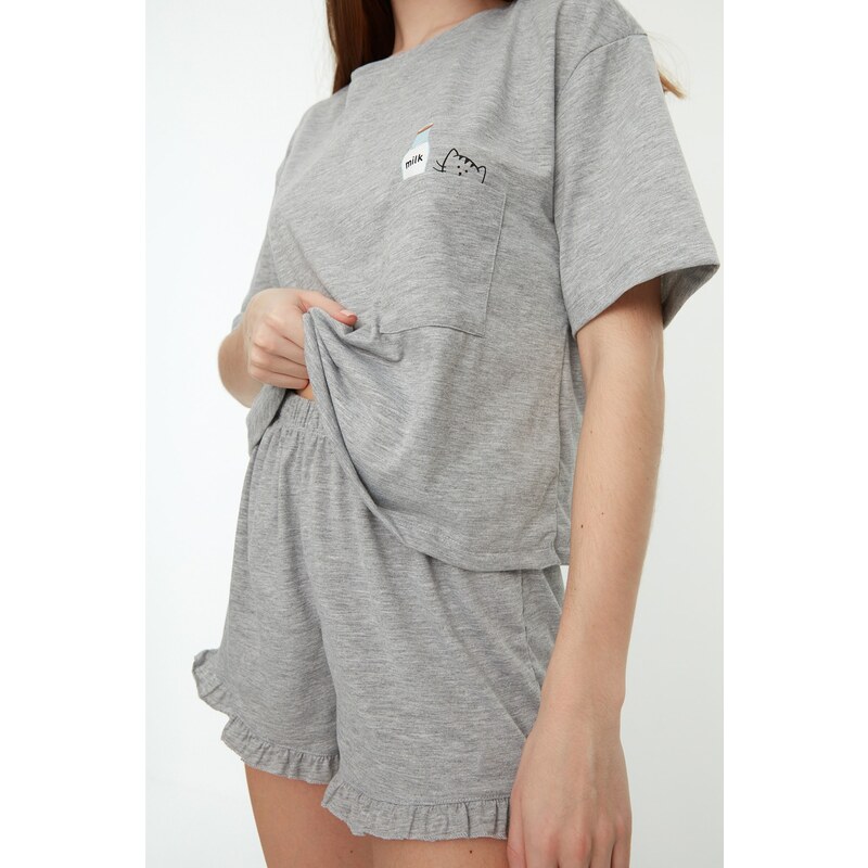 Trendyol Gray Cotton Printed T-shirt-Shorts Knitted Pajama Set