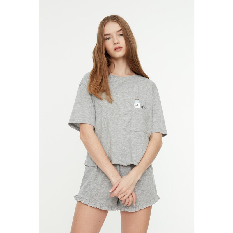 Trendyol Gray Cotton Printed T-shirt-Shorts Knitted Pajama Set