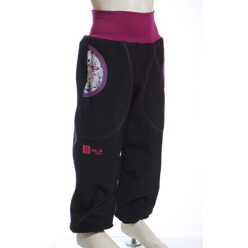 BajaDesign Jarní softshellové kalhoty pro holčičky, černá + motýlci na šedé