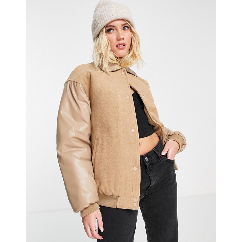 ASOS DESIGN varsity bomber jacket with faux leather sleeves in camel 115379493