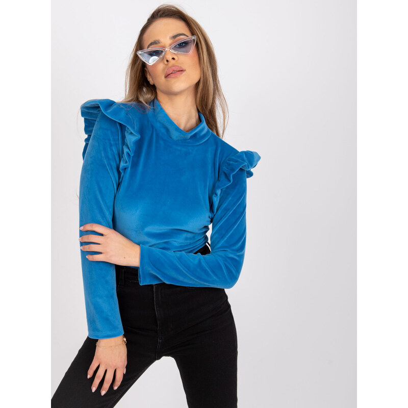 Fashionhunters Tmavě modrá velurová halenka s volánky od Eugenie