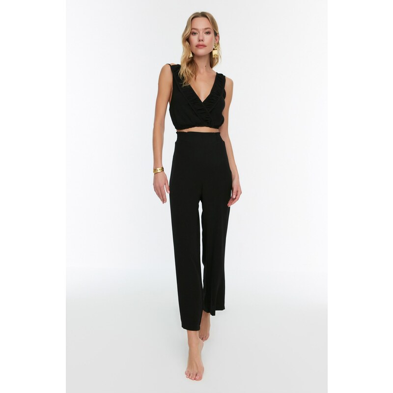 Trendyol Black Woven Frilly Blouse Pants Suit