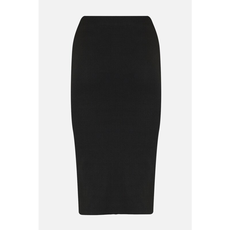 Trendyol Black With Double Slits, Fitted High Waist Ribbed Flexible Midi Knitted Skirt