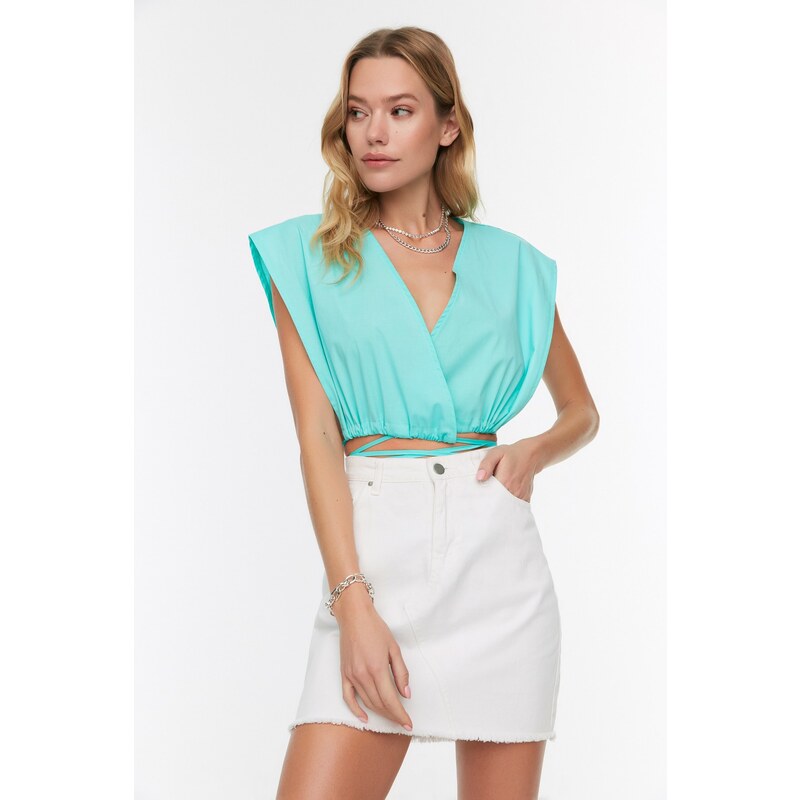 Trendyol Mint Double Breasted Tie Detailed Beach Blouse