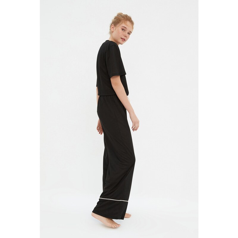 Trendyol Black Cotton Printed T-shirt-Pants Knitted Pajamas Set