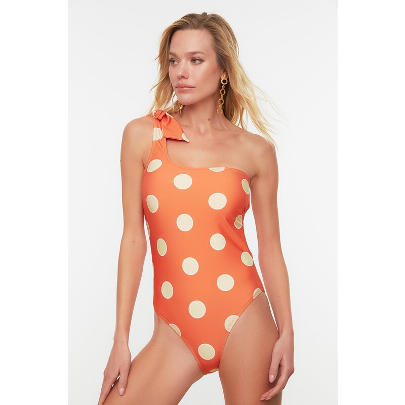 Trendyol Orange Polka Dot vzorované plavky na jedno rameno