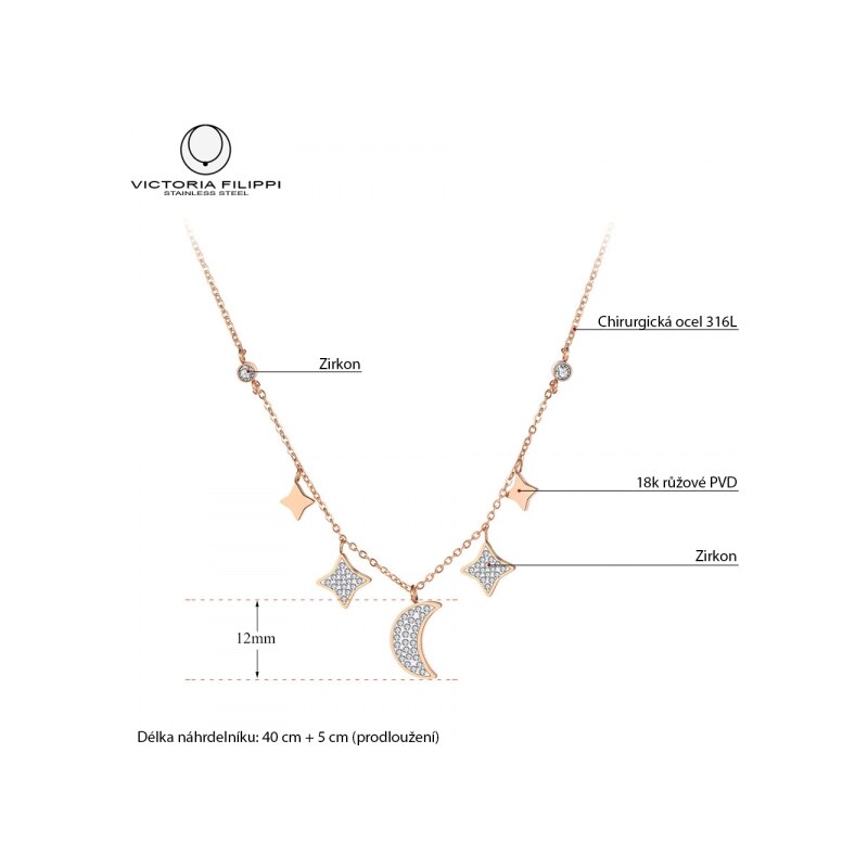 Victoria Filippi Stainless Steel Náhrdelník Swarovski Elements Gold Moon&Star - chirurgická ocel