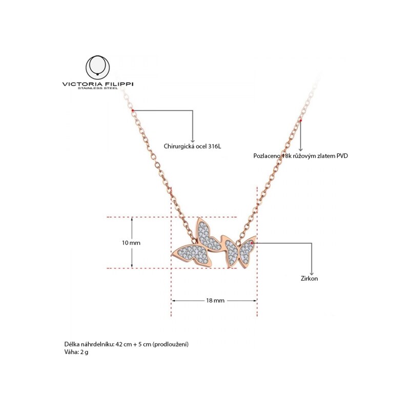 Victoria Filippi Stainless Steel Ocelový náhrdelník se zirkony Claudia - chirurgická ocel, motýl