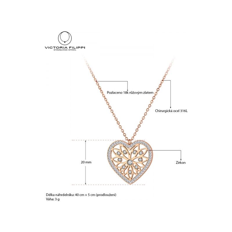 Victoria Filippi Stainless Steel Ocelový náhrdelník Francoa - chirurgická ocel, srdce, zirkon