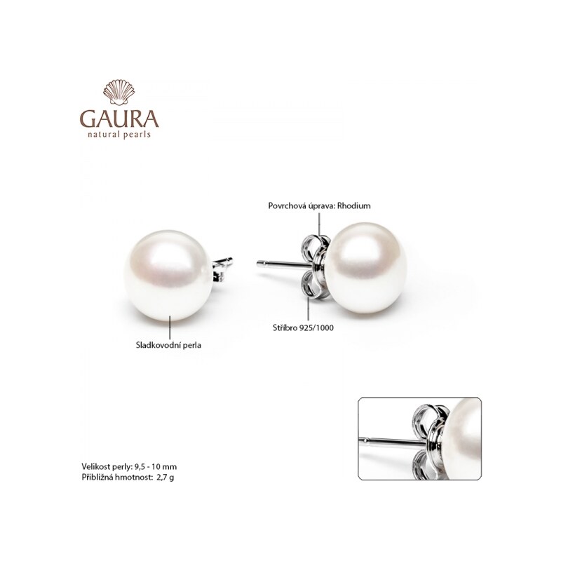 Gaura Pearls Náušnice s bílou 9.5-10 mm říční perlou Orlanda, stříbro 925/1000