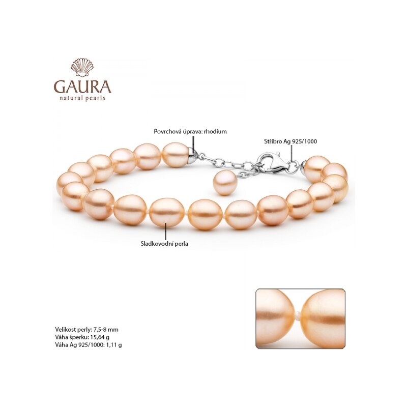 Gaura Pearls Perlový náramek Robie - řiční perla, stříbro 925/1000