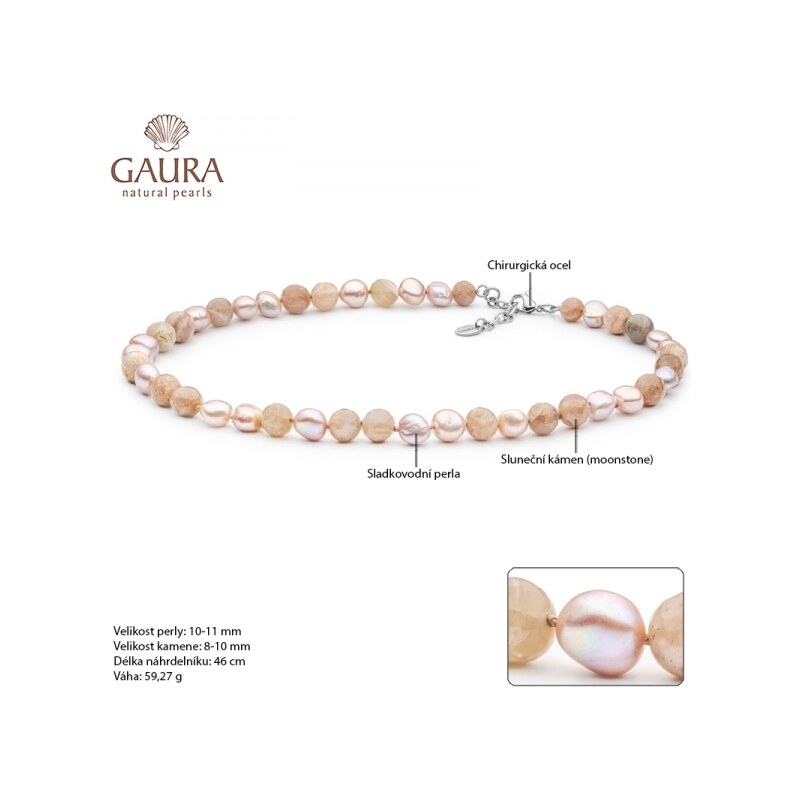 Gaura Pearls Náhrdelník s polodrahokamy Aimeé - sladkovodní perla, sluneční kámen