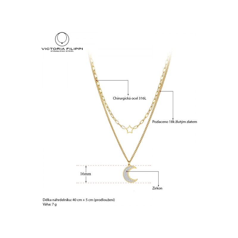 Victoria Filippi Stainless Steel Ocelový náhrdelník Anna Gold - chirurgická ocel, půlměsíc, hvězda