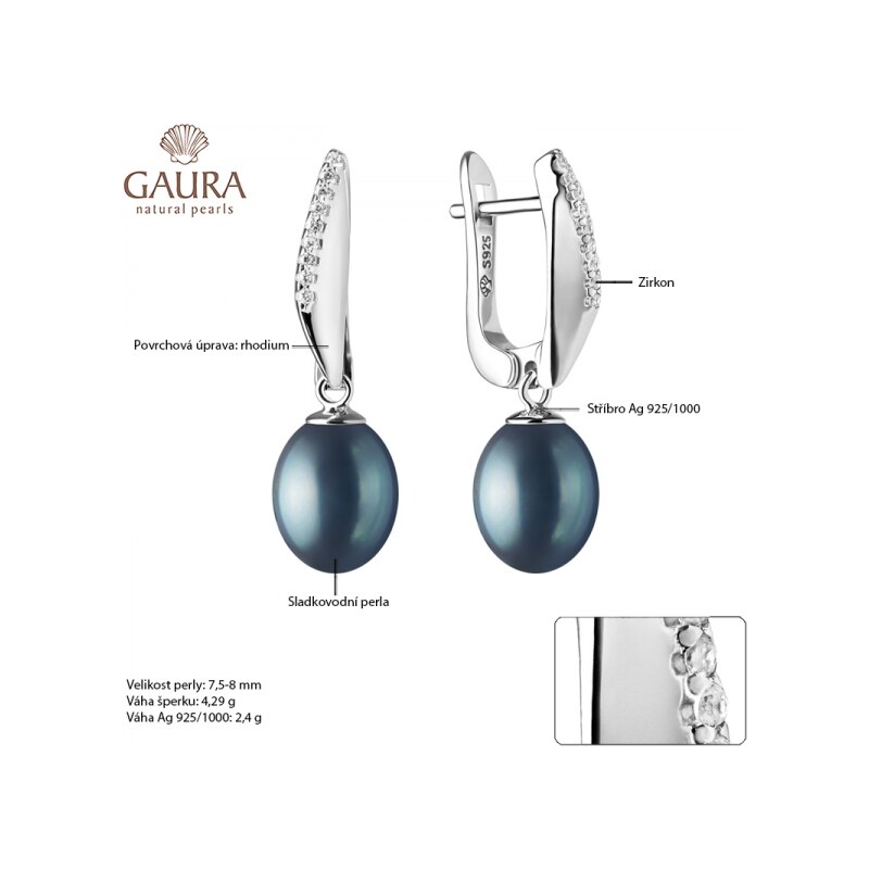Gaura Pearls Stříbrné náušnice s černou perlou a zirkony Pamela, stříbro 925/1000