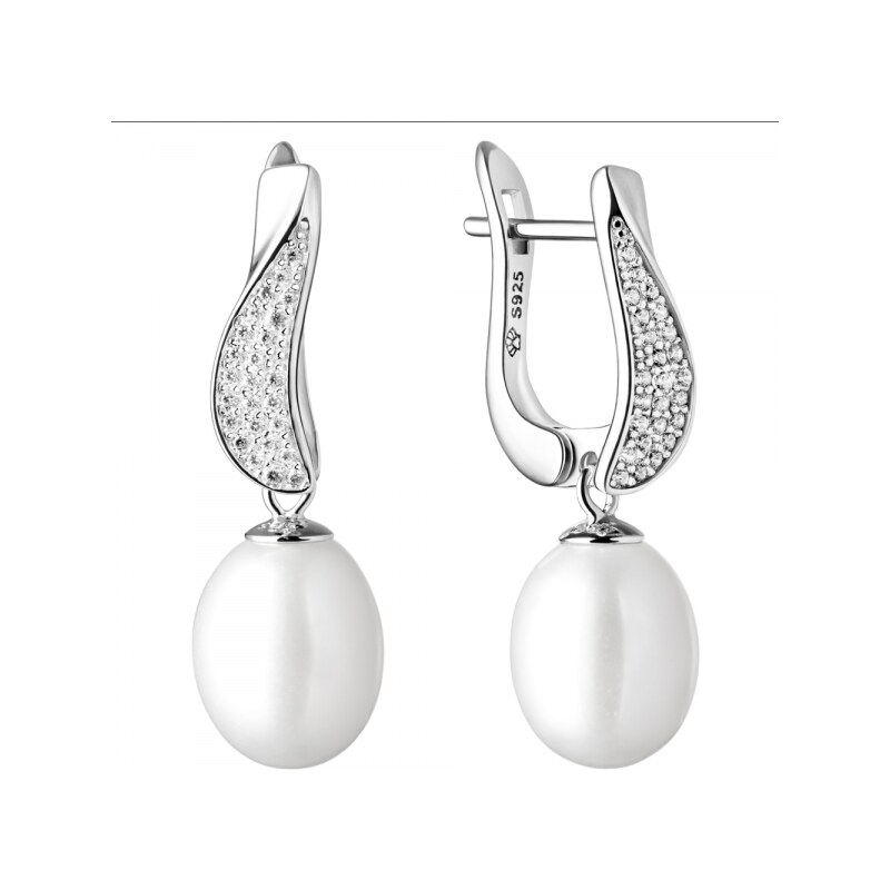 Gaura Pearls Stříbrné náušnice s bílou perlou a zirkony Juana, stříbro 925/1000