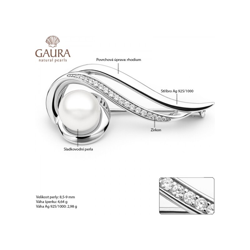 Gaura Pearls Stříbrná brož s řiční perlou a zirkony Rachel, stříbro 925/1000