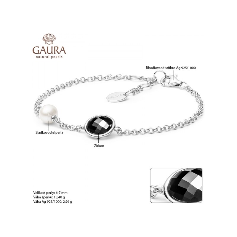 Gaura Pearls Stříbrný náramek s perlou a zirkonem Ella Black - stříbro 925/1000