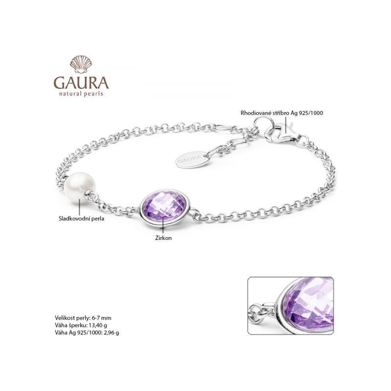 Gaura Pearls Stříbrný náramek s perlou a zirkonem Ella Amethyst - stříbro 925/1000