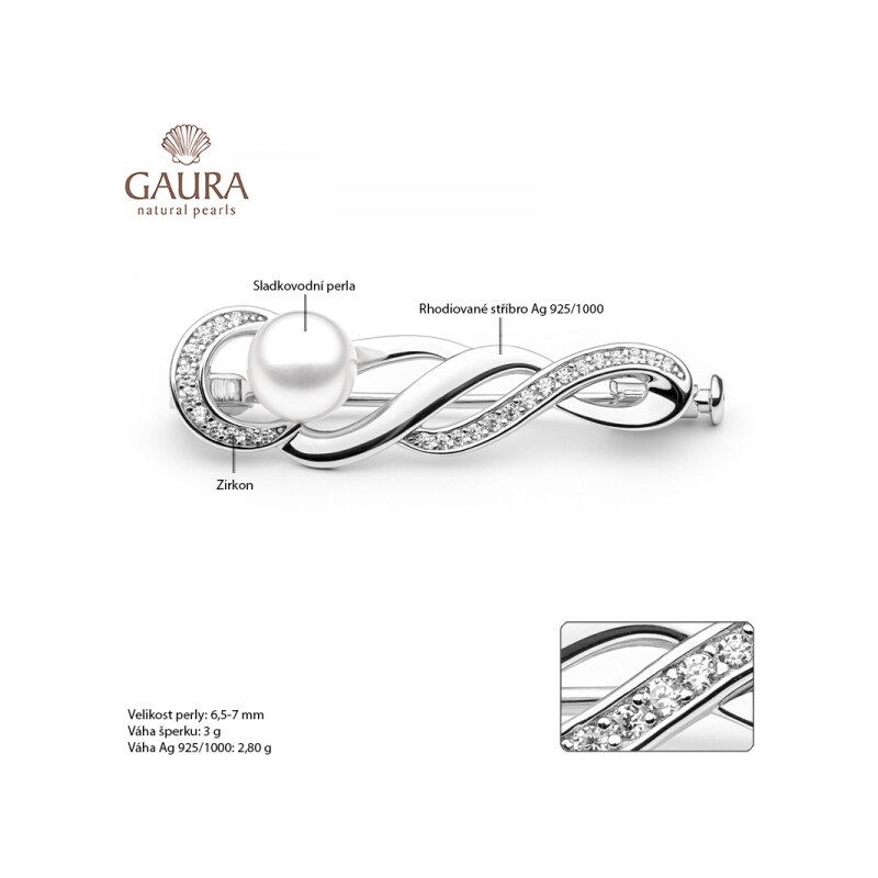 Gaura Pearls Stříbrná brož s řiční perlou a zirkony Jess, stříbro 925/1000
