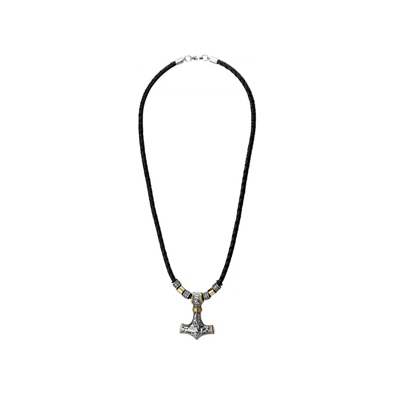 Manoki Pánský náhrdelník Thórovo kladivo - MJOLNIR - kůže, chirurgická ocel