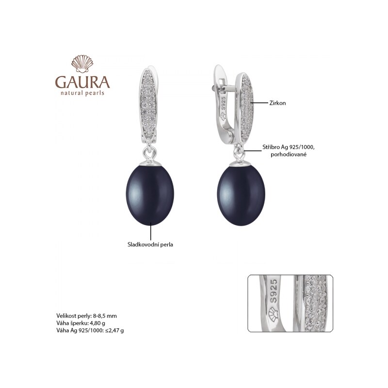 Gaura Pearls Stříbrné náušnice s černou perlou a zirkony Linda, stříbro 925/1000