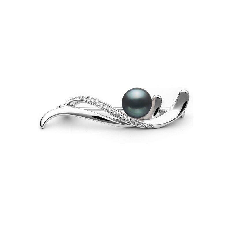 Gaura Pearls Stříbrná brož s černou perlou a zirkony Alice Black, stříbro 925/1000